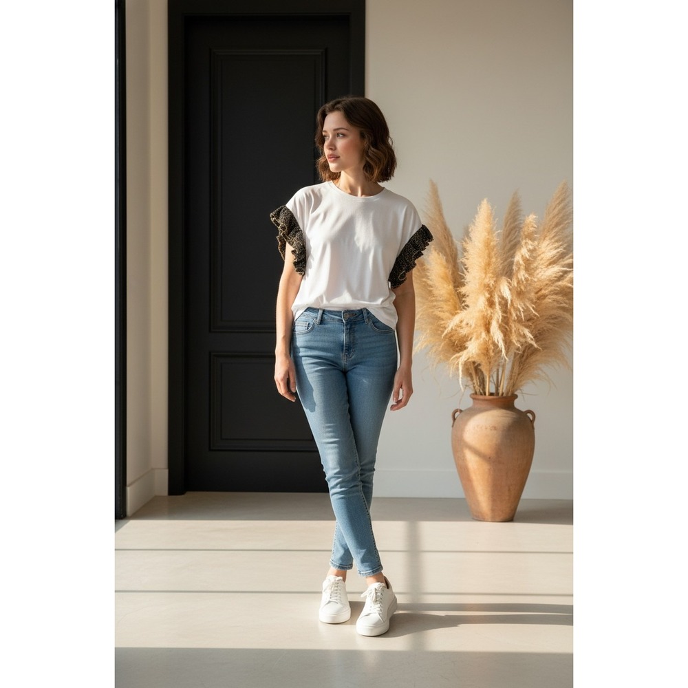 Zara SZ S White Cotton Crew Neck T-Shirt With Gold Black Metallic Ruffled Sleeve
